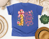 Hello First Grade Pencil graphic tee in Flo Blue