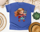 Girl Waving American Flag graphic tee in Flo Blue