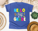 Hello First Grade Sneakers graphic tee in Flo Blue