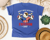 Don't Mess With My Freedom Day Red graphic tee in Flo Blue