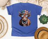 Patriotic Highland Cow graphic tee in Flo Blue