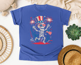 Patriotic Skeleton Fireworks Pink graphic tee in Flo Blue