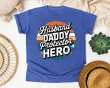 Husband Daddy Protector Hero Black graphic tee in Flo Blue
