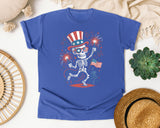 Patriotic Skeleton Fireworks Pink 2 graphic tee in Flo Blue