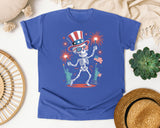 Patriotic Skeleton Fireworks Pink 3 graphic tee in Flo Blue