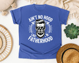 Ain't No Hood Like Fatherhood White graphic tee in Flo Blue