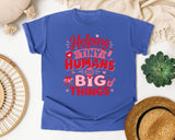 Helping Tiny Humans Do Big Things Red graphic tee in Flo Blue