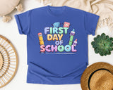 First Day Of School Crayons graphic tee in Flo Blue