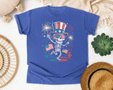 Patriotic Skeleton Fireworks Pink 4 graphic tee in Flo Blue