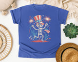 Patriotic Skeleton Fireworks Pink 5 graphic tee in Flo Blue