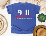 Patriot Day We Will Never Forget White graphic tee in Flo Blue