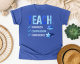 Teach Kindness Compassion Confidence graphic tee in Flo Blue