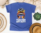 Teacher Off Duty Messy Bun graphic tee in Flo Blue
