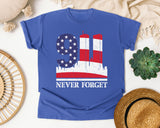 Never Forget White graphic tee in Flo Blue