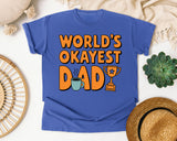 World's Okayest Dad Orange graphic tee in Flo Blue