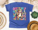 Off To Help Tiny Humans Do Big Things Sloth graphic tee in Flo Blue