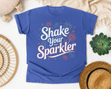 Shake Your Sparkler White graphic tee in Flo Blue