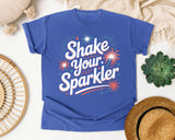 Shake Your Sparkler White 2 graphic tee in Flo Blue
