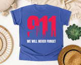We Will Never Forget White graphic tee in Flo Blue