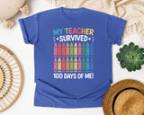 My Teacher Survived 100 Days Of Me Crayons graphic tee in Flo Blue