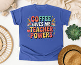 Coffee Gives Me Teacher Powers Grey graphic tee in Flo Blue
