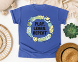 Play Learn Repeat graphic tee in Flo Blue