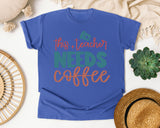 This Teacher Needs Coffee Script graphic tee in Flo Blue