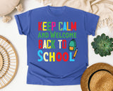 Keep Calm And Welcome Back To School Backpack graphic tee in Flo Blue