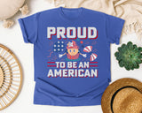 Proud To Be An American Pink graphic tee in Flo Blue