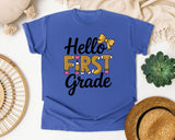 Hello First Grade Bow graphic tee in Flo Blue
