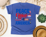 Peace Love America Blue graphic tee in Flo Blue