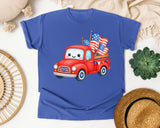Red Truck With Flags graphic tee in Flo Blue