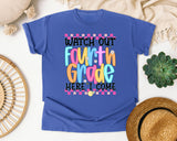 Watch Out Fourth Grade Here I Come graphic tee in Flo Blue