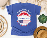 We Will Never Forget Patriot Day White graphic tee in Flo Blue