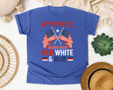My Patriotic Heart Beats Red White And Blue graphic tee in Flo Blue