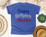 Happy Birthday America Grey graphic tee in Flo Blue