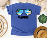 Teacher Off Duty Sunglasses graphic tee in Flo Blue