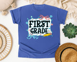 First Grade Notebook Bow graphic tee in Flo Blue