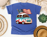 Patriotic Van With Flag graphic tee in Flo Blue