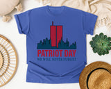 Patriot Day We Will Never Forget Red 4 graphic tee in Flo Blue