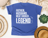 Father Husband Meat Smoker Legend White graphic tee in Flo Blue