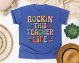 Rockin This Teacher Life Grey 2 graphic tee in Flo Blue