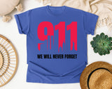 We Will Never Forget White 2 graphic tee in Flo Blue