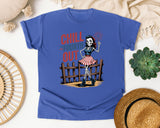 Chill The Fourth Out Grey 4 graphic tee in Flo Blue