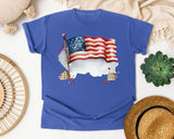 Waving American Flag Grey graphic tee in Flo Blue
