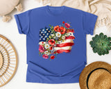 Floral American Flag Grey 2 graphic tee in Flo Blue
