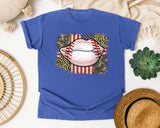 Baseball Lips Camo American Flag graphic tee in Flo Blue