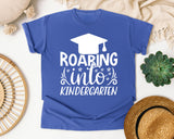 Roaring Into Kindergarten White 2 graphic tee in Flo Blue
