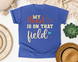 My Heart Is On That Field Gold graphic tee in Flo Blue