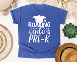 Roaring Into Pre-K White graphic tee in Flo Blue